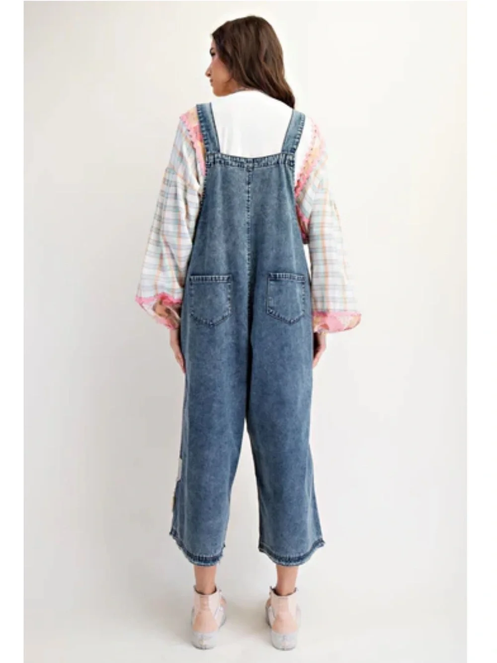 New:Easel Mixed Patchwork Flower Appliqué Boho Wide Leg Denim Jumper Overalls• M - Picture 6 of 7